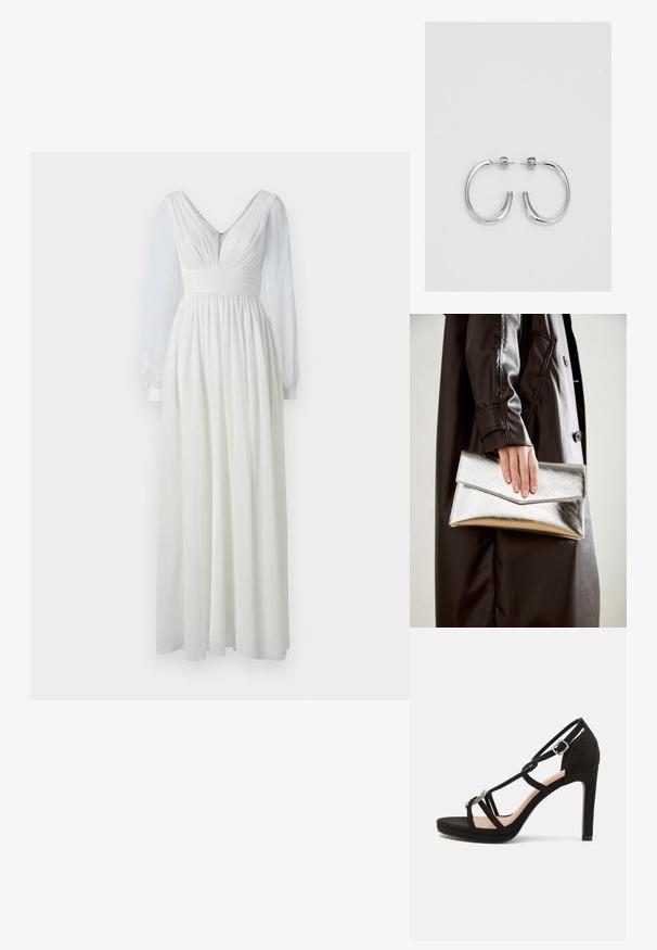 Ilga balta suknelė su V formos iškirpte, prilipusiu kūnu ir plačiu sijonu. Yra ilgos permatomos rankovės ir nugarinis užtrauktukas. Sklandus paviršius.; Juodų suedinių aukštakulnių sandalų su kryžminėmis juostelėmis, dekoratyviniu sidabro atspalviu ir platforminiu padu papildomai aukštai.; Sidabrinis metalinis rankinukas su kampuota vokų forma, sklandžiu paviršiumi ir kontrastinga vidine spalva, laikomas rankoje, apsirengusioje juoda striuke.; Sidabriniai lankelio formos auskarai su lygiu, blizgiu paviršiumi, išlenktos formos ir su užsegimu. Minimalistinio dizaino su moderniu apdaila.