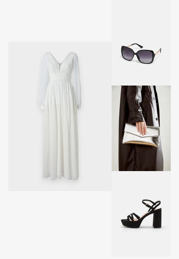 Long white dress with a V-neckline, fitted bodice, and flowing skirt. Features long sheer sleeves and a back zipper. Smooth texture.; Black suede platform sandals with a block heel, featuring criss-cross straps and a buckled ankle strap for secure fit.; Black oversized sunglasses with gradient lenses, thick frames, and gold-tone chain detailing on the temple arms.; Silver metallic clutch with an angular envelope design, smooth texture, and contrasting interior color, held in a hand wearing a black coat.
