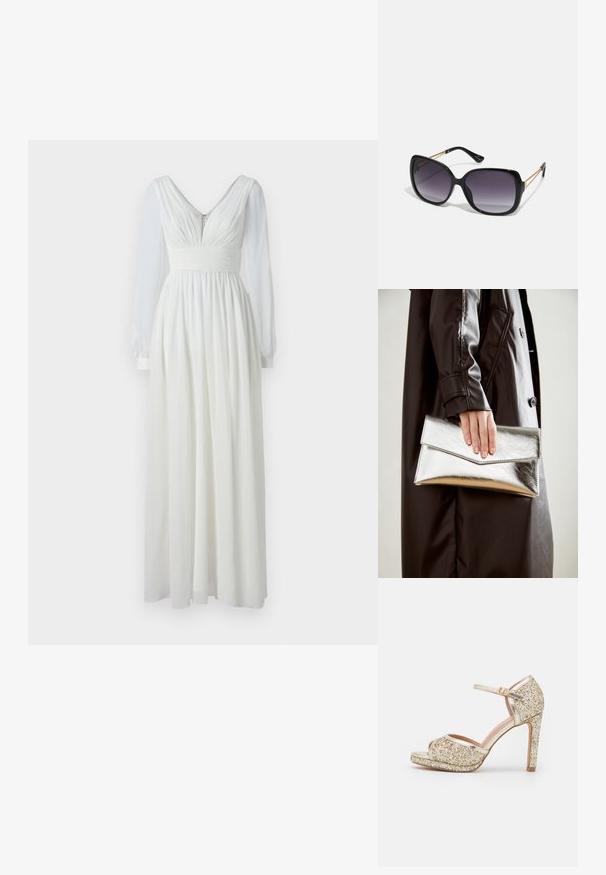 Vestido largo blanco con escote en V, cuerpo ajustado y falda fluida. Presenta largas mangas transparentes y un cierre en la parte posterior. Textura suave.; Sandalia alta con glitter dorado, con punta abierta, tira en el tobillo y plataforma gruesa. Los acentos metálicos suaves realzan el diseño general.; Gafas de sol negras de gran tamaño con lentes degradados, montura gruesa y detalles de cadena en tono dorado en las patillas.; Clutch metálico plateado con un diseño de sobre angular, textura suave y color interior en contraste, sostenido en una mano que lleva un abrigo negro.