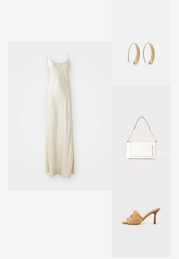 Vestido maxi de satén en color crema con tirantes finos, que presenta una silueta fluida y un leve corte en A. Textura suave, diseño minimalista.; Sandal de tacón alto de paja trenzada en tono marrón, con detalles de flecos y acentos en azul, que presenta una puntera abierta redondeada y un tacón stiletto afilado.; Bolso de mano de cuero blanco con un acabado texturizado, que cuenta con una correa de cadena dorada y acentos negros. Incluye un bolsillo frontal y cierre de cremallera.; Pendientes de aro de metal en tono dorado con una forma curva y alargada. Presentan una superficie lisa y brillante y una punta redondeada para mayor detalle.