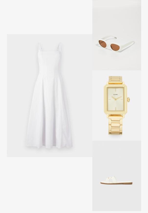 Robe en lin blanc avec un décolleté carré, des bretelles fines et une jupe évasée, présentant une texture subtile et une longueur mi-mollet.; Sandale plate blanche avec un design minimaliste, présentant deux brides croisées et des accents en métal doré sur une semelle marron.; Lunettes de soleil ovales blanches avec des verres marron, présentant une finition mate et des branches droites. Des détails notables incluent le logo sur la branche.; Montre rectangulaire en or au design minimaliste, avec un cadran crème, des aiguilles dorées et un bracelet en maillons métalliques. Les marquages incluent le nom de la marque.