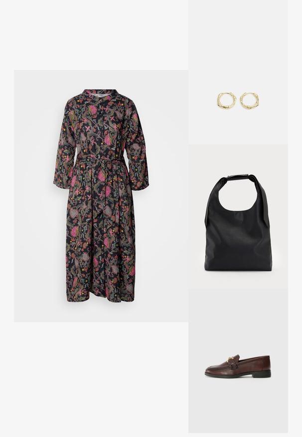 Melnu ziedu rakstu kleita ar garām piedurknēm, pogu aizdari un atbilstošu jostu. Audumam ir gluda tekstūra un spilgtas krāsas.; Brūni ādas loafers ar noapaļotu purngalu, ar zelta detaļām un zemu melnu papēdi, gluda tekstūra un minimālas šuves akcenti.; Melna ādas hobo soma ar vienu mīkstu, noapaļotu rokturi; tai ir gluda virsma un minimālistisks dizains. Nav redzamu metāla detaļu vai akcentu.; Zelta riņķveida auskari ar tekstūru un neregulāru formu. Iekļauj bezšuvju aizdari un pulētu virsmas apdari, uzsverot mūsdienīgu dizainu.