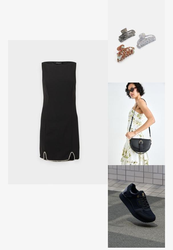 Črna obleka brez rokavov z ravnim krojem, teksturirano tkanino in obrobo okrašeno z perlicami ter stranskimi razporki.; Črne teniske z mrežasto zgornjim delom, sijajnimi detajli, zlatimi dodatki, teksturiranim podplatom in oblazinjenim ovratnikom za udobje.; Črna usnjena torbica s ukrivljeno obliko, z odstranljivo naramnico in zlatimi dodatki. Torbica ima pokrov s podrobnostmi v obliki zaponke.; Tri lasnice za lase: siva prozorna lasnica, nagubana modro-bele lasnice in rdeča in zelena vzorčasta lasnica, vse z teksturirano površino.