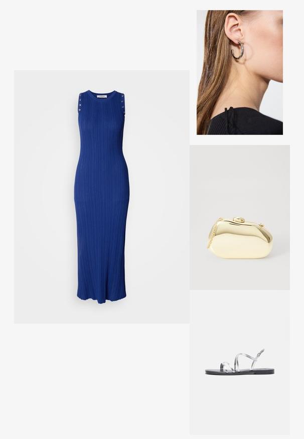 Sleeveless maxi dress in ribbed knit fabric, bright blue color, features metallic button accents on shoulder straps, flared hem.; Silver strappy sandals with a flat black sole, featuring thin metallic straps and an adjustable ankle buckle. Smooth texture throughout.; Metallic gold clutch with a smooth, rounded shape, featuring a top button clasp and a small chain strap for carrying.; Silver hoop earring with a polished finish, featuring small gold accent details and a round shape, worn on the lobe.