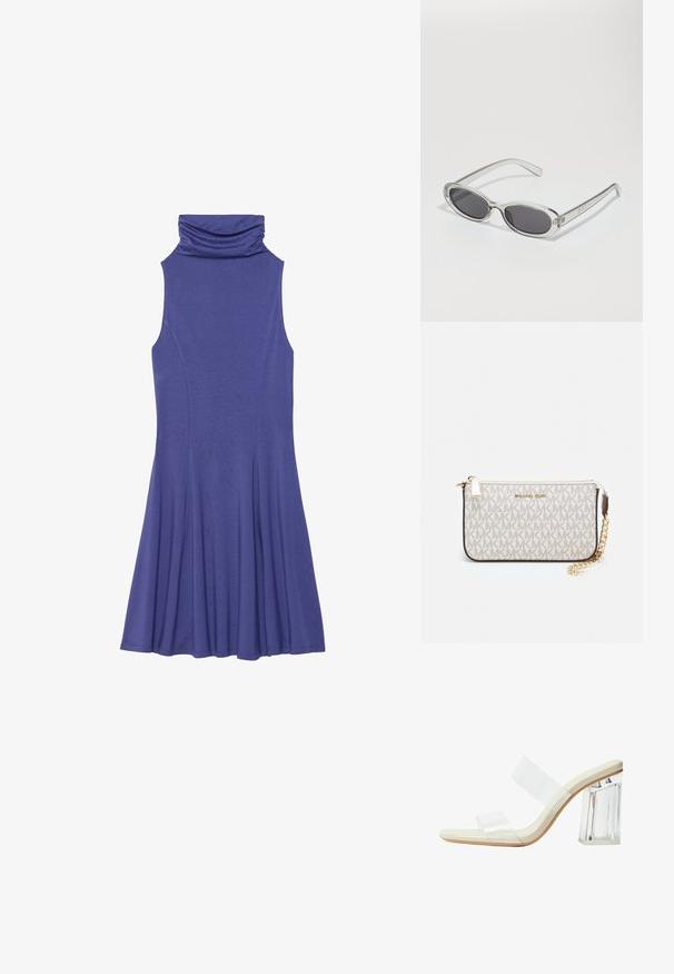 Mouwloze paarse jurk met een colkleur, een getailleerde bovenkant en een uitlopende rok. Gemaakt van een zachte, gestructureerde stof met een gladde afwerking.; Transparante sleehakken met een beige voetbed en een chunky heldere blokhak. Elegante en gladde uitstraling met een minimalistische esthetiek.; Zonnebril met een ovale vorm, helder plastic montuur, donkergrijze glazen en dunne transparante pootjes met logo-accenten en minimale details.; Michael Kors polsbandje in beige gecoate canvas met een herhaald MK-logo patroon, gouden hardware en een afneembare kettingriem.