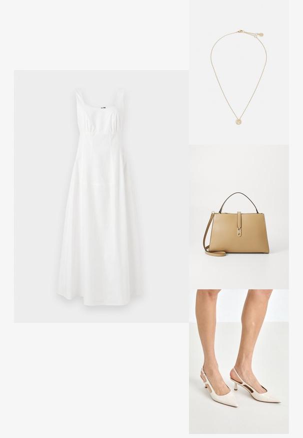 Valkoinen hihaton mekko, jossa on neliön muotoinen pääntie, vyötärö on kiristetty ja helma on liehuva. Valmistettu sileästä kankaasta, sisältäen yksinkertaisen ja tyylikkään suunnittelun.; Beige patenttaja nahkaslingback-korkokengät, joissa on teräväkärkinen muotoilu ja 5 cm:n korko. Kenkäparissa on leikattuja reunoja ja ohut nilkkaremmi.; Tommy Hilfiger LIBRE SATCHEL - Käsilaukku - safari; Kulta kaulaketju, jossa on herkkä ketju ja pyöreä riipus, jota koristavat pienet, upotetut jalokivet, jotka parantavat sen säihkettä.