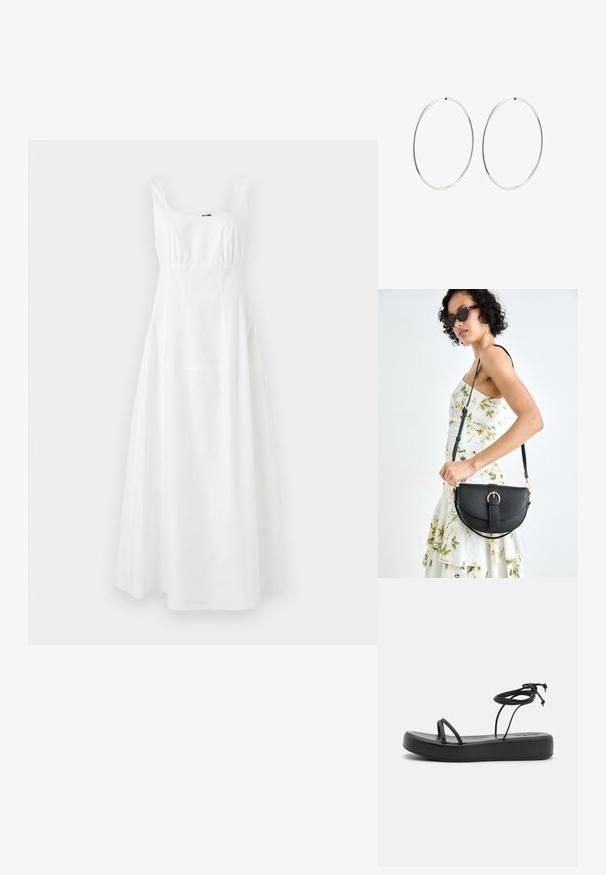 Biała sukienka bez rękawów z kwadratowym dekoltem, z wcięciem w talii i rozszerzanym dołem. Wykonana z gładkiego materiału, charakteryzująca się prostym, eleganckim wzorem.; Czarne płaskie sandały z szeroką podeszwą, cienkimi paskami i regulowanym wiązaniem przy kostce. Gładka tekstura z minimalistycznym designem.; Czarna skórzana torebka o zakrzywionym kształcie, z odpinanym paskiem i złotymi akcentami. Torebka posiada klapę z zapięciem w kształcie klamry.; Srebrne kolczyki na kółku o gładkim, okrągłym kształcie i wypolerowanym wykończeniu. Są cienkie i lekkie, z prostym zapięciem.