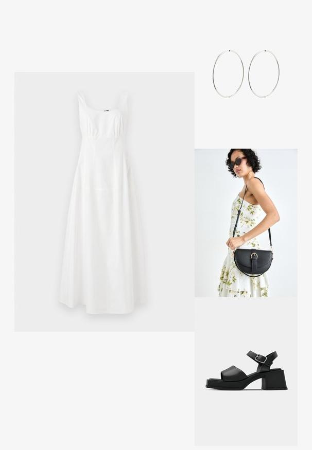 Bela brezrokavna obleka s kvadratnim dekoltejem, zoženim pasom in razširjenim krilom. Narejena iz gladkega blaga, z enostavnim, elegantnim dizajnom.; Črne usnjene platformske sandale s odprtim prstom, paščkom okoli gležnja in debelim kvadratnim peto. Gladka tekstura in minimalističen stil.; Črna usnjena torbica s ukrivljeno obliko, z odstranljivo naramnico in zlatimi dodatki. Torbica ima pokrov s podrobnostmi v obliki zaponke.; Srebrne obročaste uhane z gladkim, okroglim dizajnom in poliranim zaključkom. So tanke in lahke, z enostavnim zapiranjem na sponko.