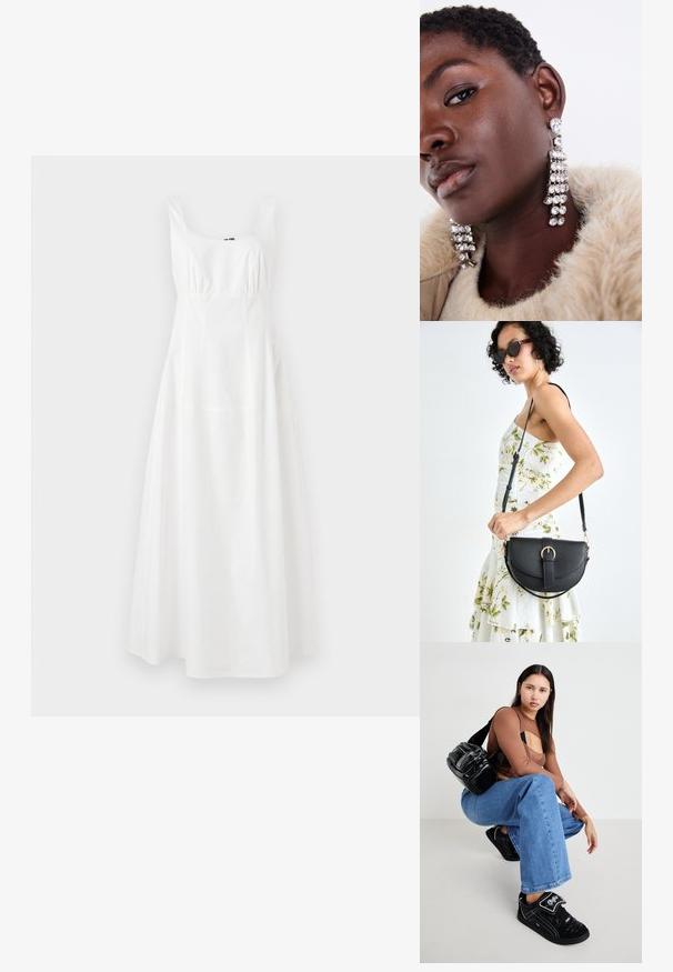 Vestido branco sem mangas com decote quadrado, cintura acinturada e saia evasê. Feito de tecido suave, apresenta um design simples e elegante.; Bolsa de ombro preta com múltiplos bolsos com zíper, blusa longa de manga castanha com um design recortado, e jeans largos azuis com pontas desfiadas.; Bolsa de couro preta com forma curva, alça destacável e detalhes em dourado. A bolsa possui uma aba com detalhe de fivela.; Brincos de gota prateados com múltiplos strass transparentes, apresentando um design em cascata e superfícies texturizadas, contra um fundo neutro.