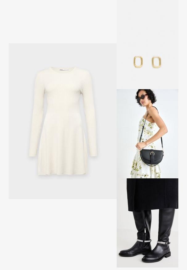 Langdurige jurk van lichtbeige geribbelde stof. Aansluitend lijfje met een wijde rok. Ronde halslijn en eenvoudig ontwerp. Zachte textuur.; Zwarte leren kniehoge laarzen met een zijrits, voorzien van een zilveren accentriem rond de enkel en een lage blokhak.; Zwarte leren handtas met een gebogen vorm, afneembare schouderband en gouden hardware. De tas heeft een klep met een gespsluiting.; Gouden rechthoekige ringoorbellen met een zachte textuur en ronde randen. Het ontwerp heeft een minimalistische, geometrische vorm.