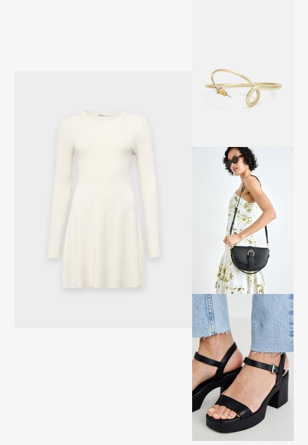 Kopna obleka z dolgimi rokavi iz svetlo bež rebraste tkanine. Prilegajoče se korzet in razširjen krilo. Okrogla izrez in preprost dizajn. Gladka tekstura.; ALDO CELIE - Sandali z visoko peto - black; Črna usnjena torbica s ukrivljeno obliko, z odstranljivo naramnico in zlatimi dodatki. Torbica ima pokrov s podrobnostmi v obliki zaponke.; Zlato obarvan kovinski zapestnica s tekočim, ukrivljenim dizajnom. Ima majhen, izstopajoč srebrn poudarek na enem koncu.