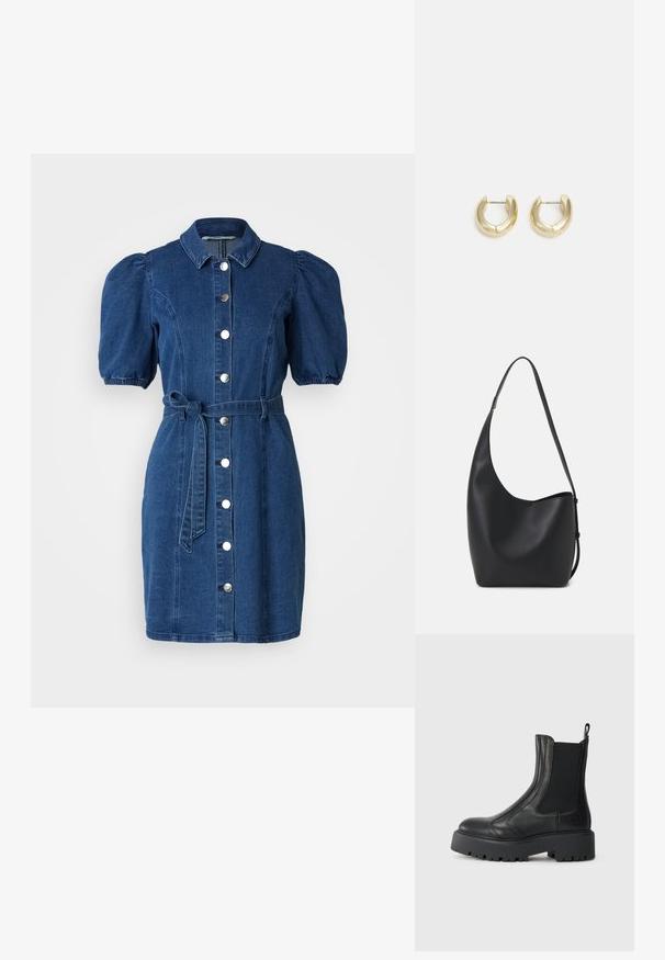 Tumši zils džinsu kleita ar pūkainām īsām piedurknēm, apkakles apmale, priekšējais pogu aizdare un sasietā jostas siksna. Gluda tekstūra.; Melnas ādas potītes zābaki ar elastīgām sānu daļām, noapaļotu purngalu un masīvu teksturētu gumijas zoli. Aizdare aizmugurē.; Melnas ādas hobo soma ar gludu tekstūru, izliekta forma un vienu regulējamu jostu; augšā ir plaša atvere.; Zelta-tonēti auskari ar gludu, pulētu apdari. Iezīmē pusapaļa forma un droša aizdare uz stieņa.