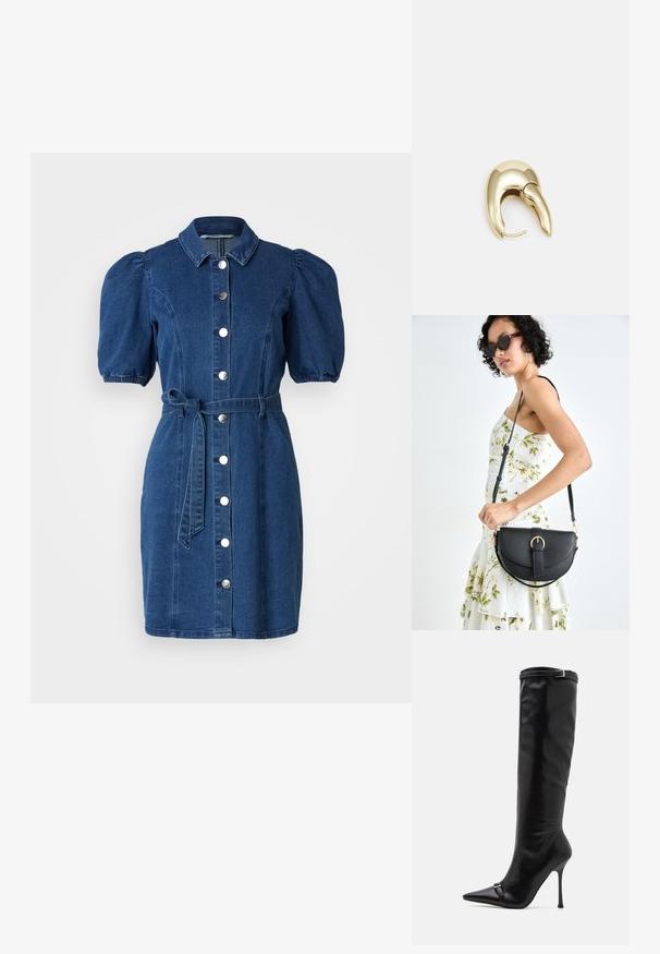 Denimska obleka v temno modri barvi z napihnjenimi kratkimi rokavi, ovratnikom, sprednjim gumbom in pasom, ki se zavezuje. Gladka tekstura.; Simmi London PALACE - Škornji - black; Črna usnjena torbica s ukrivljeno obliko, z odstranljivo naramnico in zlatimi dodatki. Torbica ima pokrov s podrobnostmi v obliki zaponke.; Uhane nakit iz zlatastega tona z gladko, ukrivljeno zasnovo. Ima edinstveno koničasto obliko, polirano površino in zaponko s tečajem.