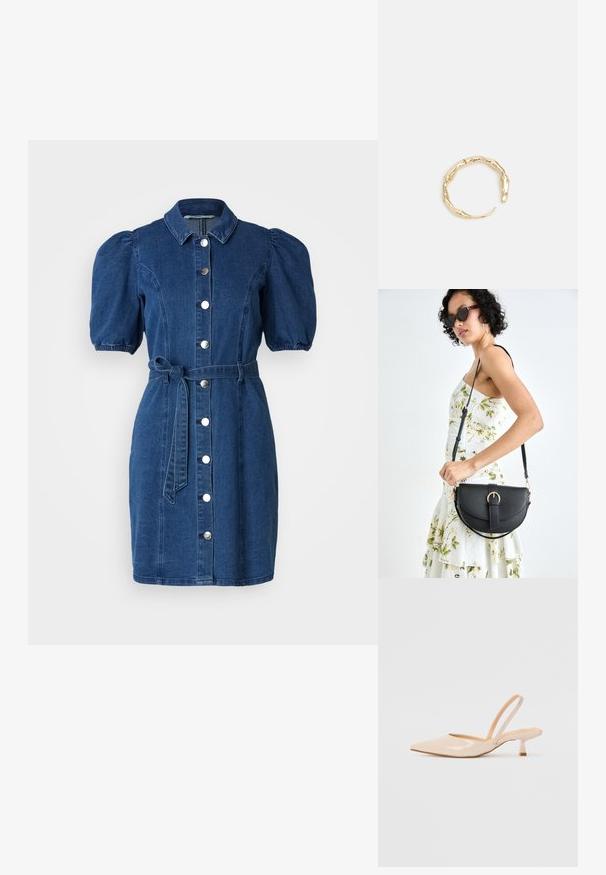 Abito in denim blu scuro con maniche corte a palloncino, colletto, chiusura frontale con bottoni e cintura da annodare in vita. Tessuto liscio.; Décolleté in vernice color beige con punta affusolata e tacco slim a forma quadrata. Texture liscia e design minimalista senza decorazioni.; Borsa a tracolla nera in pelle con una forma curva, manico rimovibile e accessori dorati. La borsa presenta una patta con un dettaglio a fibbia.; Anello in tono oro con un design organico e Twisted, caratterizzato da una superficie liscia e punte affusolate, che crea un aspetto moderno e scultoreo.
