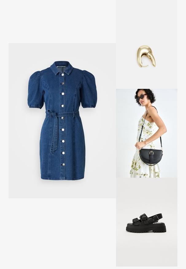 Denim dress in dark blue with puffed short sleeves, a collared neckline, front button closure, and a tied waist belt. Smooth texture.; Black platform sandals with three adjustable buckle straps, a textured sole, and a smooth upper. Designed with a sturdy, chunky silhouette.; Black leather handbag with a curved shape, detachable strap, and gold hardware. The bag features a flap with a buckle detail.; Gold-tone metal earring with a sleek, curved design. Features a distinctive pointed shape, polished surface, and hinge closure.