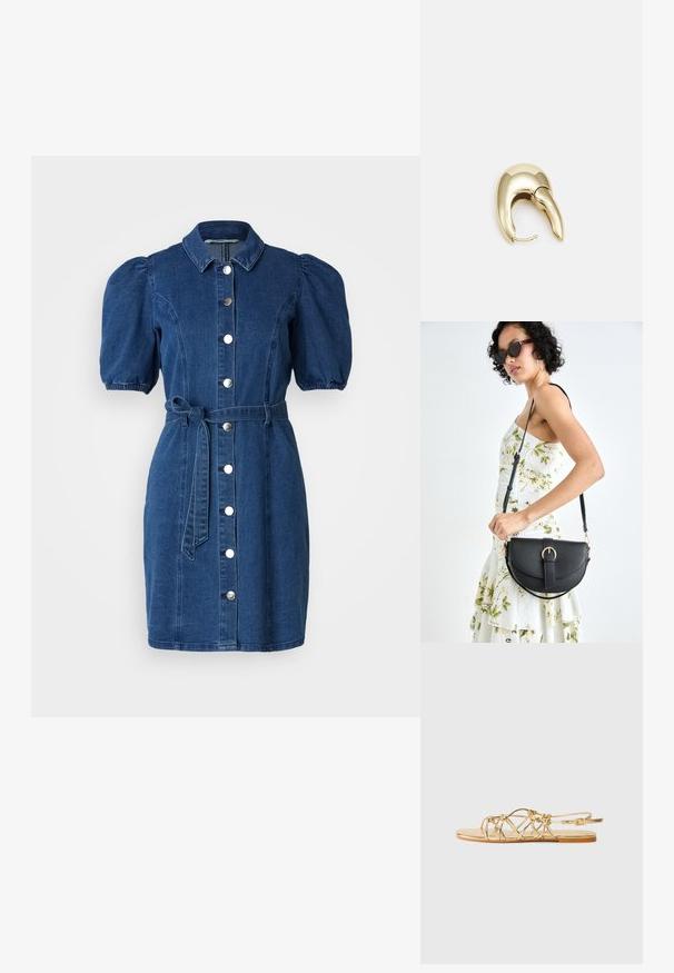 Denimkjole i mørkeblå med puffede korte ærmer, kragehals, knappelukking foran og knyttet midjebelte. Glatt tekstur.; Gullfarget, flat sandal med stropper og flettet design, justerbar ankelrem, glatt metallisk finish og enkel flat såle.; Svart lærveske med en buet form, avtagbar stropp og gullbeslag. Vesken har et klaff med spenne-detall.; Gullfarget metalløredobber med et elegant, buet design. Har en karakteristisk spiss form, polert overflate og hengsel-lukking.
