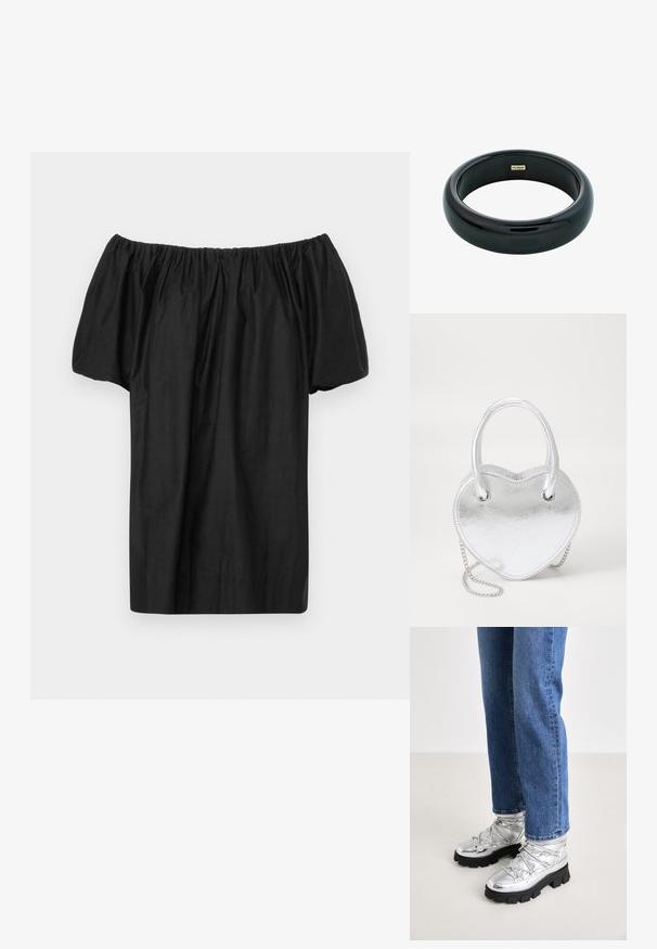 Melns off-the-shoulder tops, kas izgatavots no viegla auduma, ar savāktu kakla dizainu un īsām, pūkainām piedurknēm. Vienkāršs, bez rotājumiem veidots dizains.; Metāliskas sudraba potītes ar izturīgu melnu zoli, ar polsterētu augšdaļu un auklām, kombinētas ar zilu taisnu kāju džinsu.; Sudraba metāla sirds formas soma ar divām rokturēm, ķēdes siksnu un gludu faktūru. Iespējas ietver metāla furnitūru un izšūtas malas.; Melnas sveķu aproces ar gludu, spīdīgu virsmu un noapaļotiem malām. Iekšpusē ir neliels zelta "Pilgrim" logo.