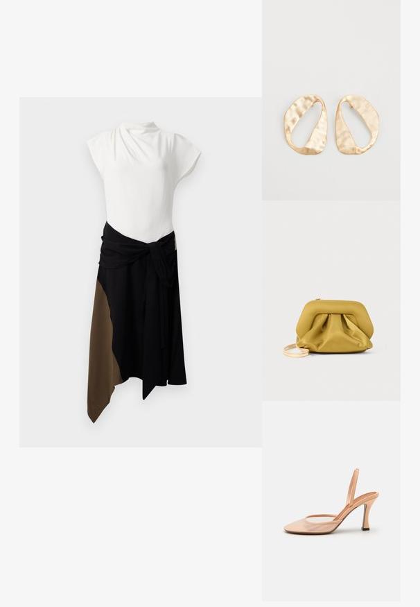 Ujjatlan ruha, fehér felsőrésszel és laza, fekete és sötétbarna, többrétegű szoknyával, megkötős derékrésszel a megfelelő illeszkedés érdekében.; Meztelen hálós slingback magassarkú, hegyes orral, vékony bokapánttal és stiletto sarkal, amelynek alján fekete részlet található.; Sárga, puha tapintású clutch táska kialakított felső résszel, ráncolt aljjal és vékony, levehető pánttal. Cipzáras zárás a tetején.; Egy pár szabálytalan, ovális formájú, aranyszínű fém fülbevaló, enyhén kalapált felülettel, fehér háttéren.