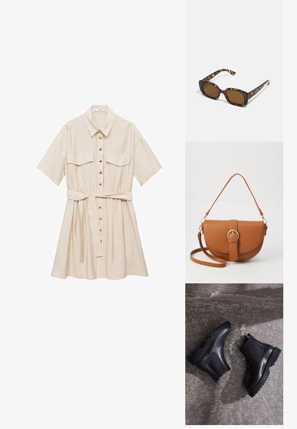 Rochie cambrată color bej deschis, cu mâneci scurte, închidere cu nasturi, două buzunare pe piept și o curea din același material pentru a evidenția talia.; Botine negre până la gleznă, cu o talpă groasă, panouri elastice și un finisaj din piele netedă. Talpa exterioară cu șanțuri bine definite și siluetă elegantă.; Ochelari de soare cu chelă de broască țestoasă, având un cadru rotund și voluminos, cu lentile maro. Prezintă modele subtile și brațe drepte, conice.; Geantă din piele maro, tip crossbody, cu o formă curbată, accesorii aurii și un accent cu cataramă. Dispune de un curea de umăr detașabilă.