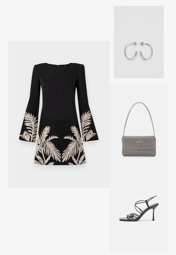 Mustapuku, jossa on liehuvat hihat ja kultaisilla brodeeratulla palmulehtikuviolla helman ja hihojen varrella. Valmistettu sileästä kankaasta.; Mustat korkokengät sandaalit, joissa on ohuet hihnat solmittuna, sileä neliön muotoinen varvasosa ja tyylikäs stiletto-korko.; Vaalea harmaa metallinen käsilaukku, jossa on ketjusanka. Laukku on koristeltu pienillä pyöreillä metallikoruilla ja kolmion muotoisella brändilogolla.; Hopehopeet hopehopeet hopehopeet hopehopeet, jolla on sileä, kiiltävä pinta. Pyöreä muoto, kevyt rakenne, jossa on neulakiinnitys.