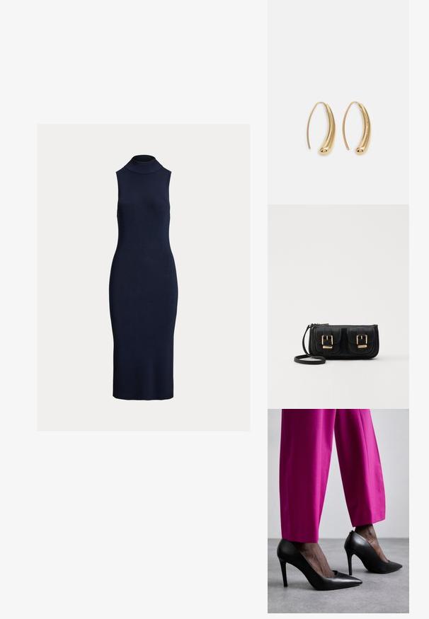 Mørkeblå ærmeløs ribbet kjole med høj hals og tætsiddende silhuet, lavet af et tekstureret strikmateriale.; Sorte højhælede sko med spids tå-design og glat læderstruktur. Kombineret med lyserøde, skræddersyede bukser.; Sort læder crossbody taske med to frontlommer, guldspænder, lynlåslukning og en slank rem. Struktureret overflade og kompakt rektangulær form.; Guldfarvede metal hoops øreringe med en bøjet, forlænget form. Har en glat, skinnende overflade og en afrundet spids for ekstra detalje.