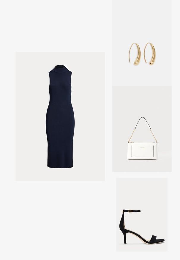 Granatowa, bezrękawnikowa sukienka o prążkowanej fakturze, z wysokim dekoltem i dopasowanym krojem, wykonana z teksturowanej dzianiny.; Lauren Ralph Lauren ALLIE czarny; Biała skórzana torebka o teksturowanym wykończeniu, z złotą łańcuszkową rączką i czarnymi akcentami. Zawiera przednią kieszeń oraz zamek błyskawiczny.; Złote metalowe kolczyki w kształcie obręczy o zakrzywionym, wydłużonym kształcie. Posiadają gładką, błyszczącą powierzchnię oraz zaokrąglony koniec dla dodatkowego efektu.