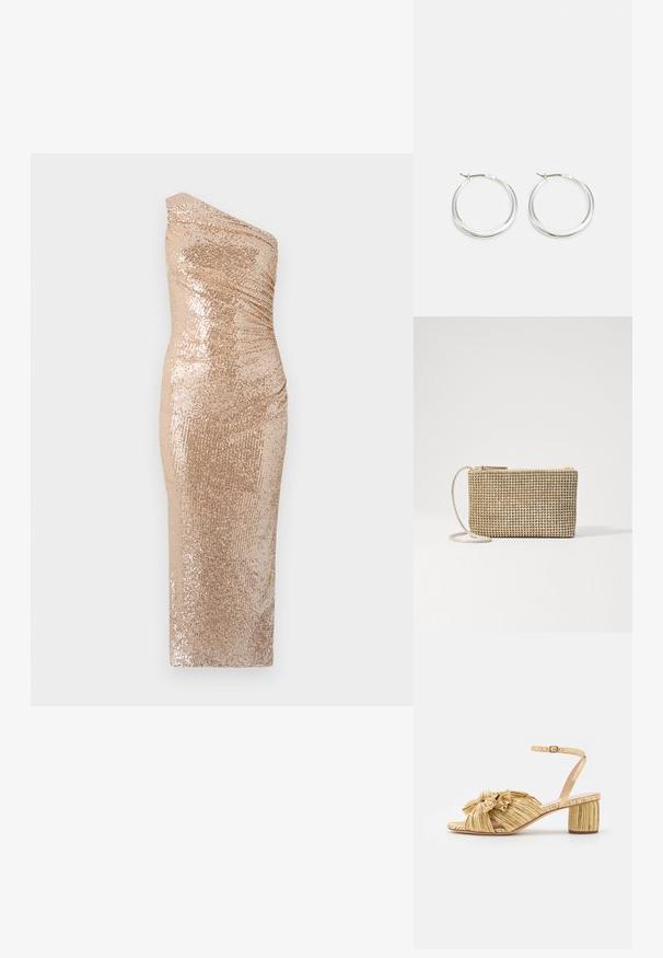 Aksesuaro su vienu petimi, pagamintas iš auksinės spalvos blizgių audinių. Patogu prigludusias siluetas ir lygus paviršius.; Auksinės kulno šlepetės su tekstūruotu, klostuotu dizainu ir išsiskiriančia kaspino detale. Kulkšnies dirželis su reguliuojamu sagtimi, vidutinio dydžio blokinis kulnas.; Loeffler Randall YASMINE FLAT CLUTCH - Rankinė per petį - gold; Sidabriniai žiedo auskarai turi lygią, suapvalintą formą, ploną profilį ir saugų užsegimą. Minimalistinis stilius su blizgiu apdaila.