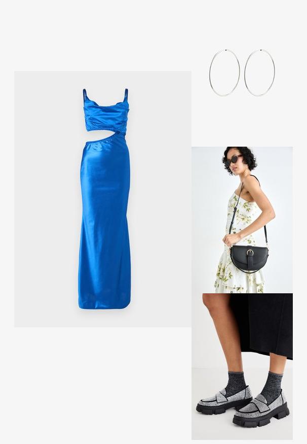 Zila, satīna vakara kleita ar pieguļošu siluetu, kurai ir īss topiņš un sānu izgriezums. Nodaļas korsetes siksnas, gluda tekstūra.; Melni slip-on apavi ar rhinestone rotājumiem, masīviem melniem zolemi un kontrastējošām pelēkām teksturētām zeķēm. Ikdienišķs un izteiksmīgs dizains.; Melnas ādas rokassoma ar izliekta formu, noņemamu siksnu un zelta aksesuāriem. Somai ir vāciņš ar sprādzes detaļu.; Sudraba riņķa auskari ar gludu, apaļu dizainu un pulētu apdari. Tie ir plāni un viegli, ar vienkāršu aizdari.