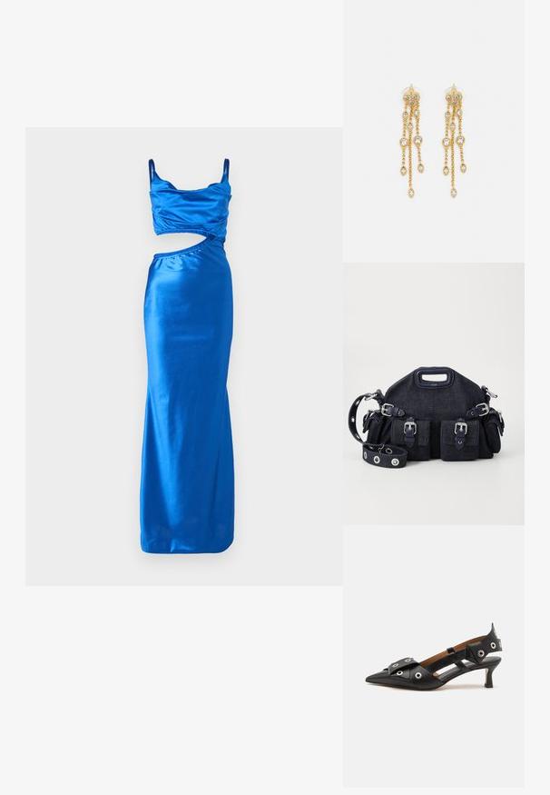 Robe de soirée bleue en satin avec une silhouette ajustée, featuring un haut court et un détail découpé sur le côté. Bretelles spaghetti, texture lisse.; Chaussure à bride arrière en cuir noir avec bout pointu, présentant des boucles décoratives, un petit talon et un design avec découpes sur les côtés.; Sac en denim bleu foncé avec une forme arrondie, plusieurs poches extérieures, une bandoulière réglable et des détails en métal argenté. Poignée supérieure incluse.; Boucles d'oreilles en ton or avec plusieurs chaînes en cascade, présentant des accents en strass ovales transparents et des dessus à clous décoratifs.