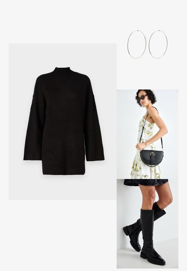 Svart oversized stickad tröja med hög ribbad krage och långa ärmar, med en texturerad tyg för extra visuell intresse.; Svarta läderknähöga stövlar med spetsig tå, platt sula och minimal söm. Slät yta och enkel design utan prydnader.; Svart läderhandväska med en böjd form, avtagbar rem och guldiga detaljer. Väskan har ett lock med en spänndetalj.; Silverfärgade hoopörhängen med en slät, rund design och en polerad yta. De är tunna och lätta, med en enkel spänne.