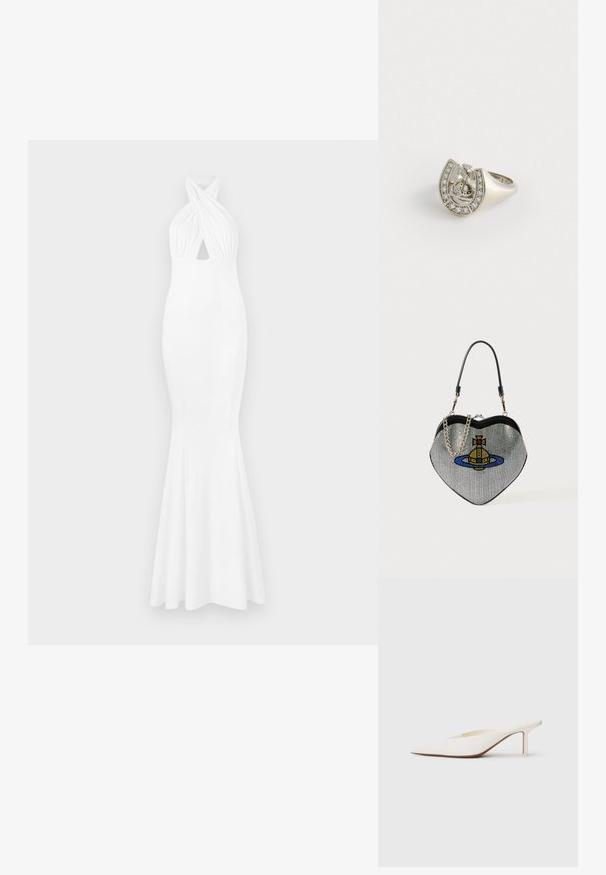 Robe de soirée blanche avec un corsage ajusté, col halter, détail frontal torsadé et ourlet évasé. Fabriquée en tissu lisse et extensible.; Mule blanc à bout pointu avec un talon stiletto bas. Fabriqué en matériau lisse avec un design minimaliste et un subtil détail de semelle beige.; Sac à main en forme de cœur en maille avec une finition métallique, présentant un design de chat et de planète en bleu, jaune et rouge. Comprend une bandoulière en chaîne.; Bague en argent en forme de fer à cheval, ornée de petits gemmes clairs le long du bord extérieur et d'un motif central représentant une croix.