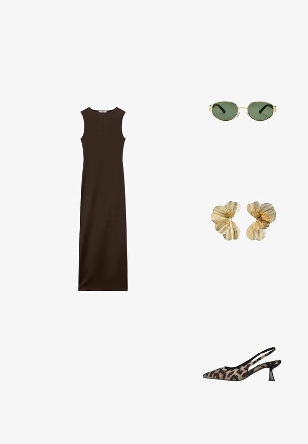 Sleeveless brown maxi dress with a fitted bodice and straight silhouette. Made from smooth fabric, featuring a round neckline and no visible fasteners.; Pointed toe slingback shoe in a beige and brown animal print fabric, featuring a clear heel and black trim along the edges.; Gold metal-framed sunglasses with green tinted lenses, oval shape, black temples, and clear nose pads. Clean, minimalist design.; Gold-tone flower-shaped earrings with layered petals, featuring a textured finish and a central bead detail.