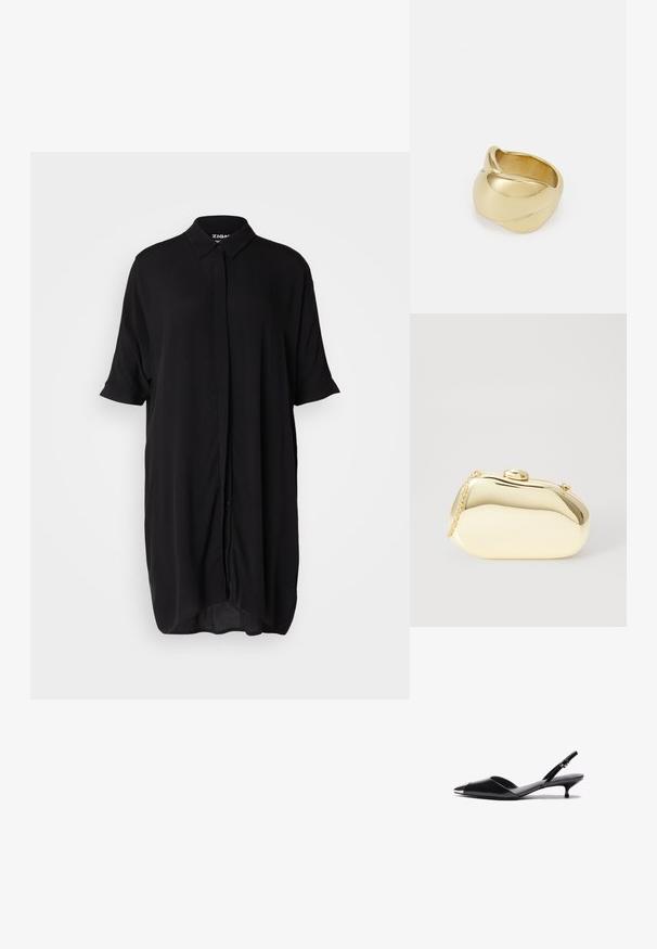 Svart, kortärmad skjortklänning tillverkad av ett lätt material. Har en krage, knäppning fram och en lös, förlängd silhuett.; Svart lackläder slingback-klackar med spetsig tå, metallaccent på tån och en tunn kittenklack. Slät textur, minimalistisk design.; Metallisk guldclutch med en slät, rund form, som har en knappstängning på toppen och ett litet kedjehandtag för bärande.; Guldfärgad ring med en slät, vriden design. Har en polerad yta och rundade kanter, vilket skapar en sömlös, flytande form.