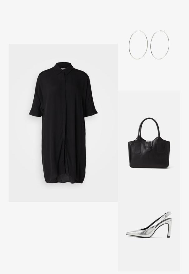 Black, short-sleeve shirt dress made from a lightweight fabric. Features a collar, button-down front, and a loose, elongated silhouette.; Pointed-toe silver slingback heels with a textured metallic finish, a high block heel, and a cutout side detail for an elegant design.; Black leather tote bag with smooth texture, structured shape, two handles, and a prominent silver buckle detail on the front.; Silver hoop earrings with a smooth, round design and a polished finish. They are thin and lightweight, featuring a simple clasp closure.