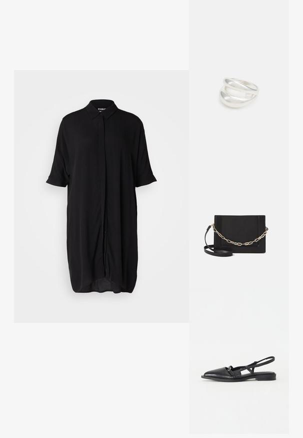Črno kratek rokav oblekica iz lahkega blaga. Ima ovratnik, zapenjanje spredaj z gumbi in ohlapen, podolgovat kroj.; Črne usnjene ženske čevlje z odrezanim petnim delom, s koničastim nosom, nizko peto, dizajnom z izrezom in dekorativnim krožnim zaponko.; Črna usnjena torba čez ramo z gladko teksturo, pravokotno obliko in kovinskim verižnim detajlom spredaj. Vključena je nastavljiva naramnica.; Srebrn dvojni prstan z gladko, polirano površino. Ima tekoč, ukrivljen dizajn z prekrivajočimi se sekcijami za sodoben videz.