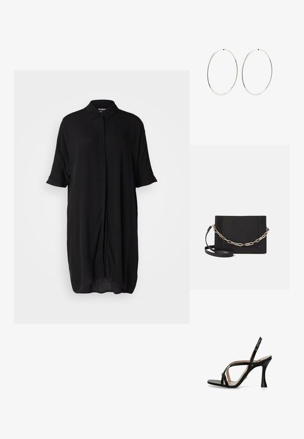 Melnas, īsām piedurknēm krekla kleita, izgatavota no viegla auduma. Rūpīgi izstrādātas iezīmes ietver apkakli, pogu priekšpusi un brīvu, pagarinātu siluetu.; Nine West Sandales - black; Melna ādas crossbody soma ar gludu faktūru, taisnstūrveida formu un metalizētu ķēdes detaļu priekšā. Iekļauta regulējama siksna.; Sudraba riņķa auskari ar gludu, apaļu dizainu un pulētu apdari. Tie ir plāni un viegli, ar vienkāršu aizdari.