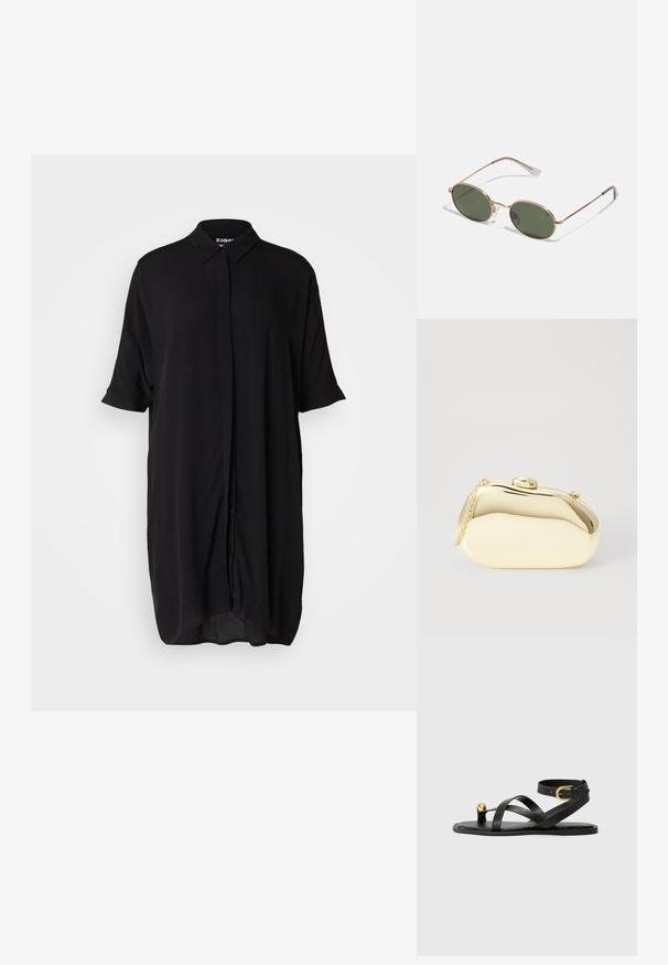 Juoda trumpa rankovė suknelė, pagaminta iš lengvos medžiagos. Yra apykaklė, sagčių priekis ir laisvas, pailgas siluetas.; Juodos odinės šlepetės su plonomis, kryžminėmis juostelėmis, su apvaliu auksiniu akcentu ant piršto ir reguliuojamu sagtimi kulkšnies srityje.; Auksinės metalinės saulės akinių rėmo ovalūs žali lęšiai, ploni šonai ir skaidrūs gumos antgaliai patogumui. Minimalistinis dizainas be matomo prekės ženklo.; Metalinis auksinis rankinukas su glotnia, suapvalinta forma, turintis viršutinį mygtuko užsegimą ir mažą grandinėlės dirželį nešiojimui.