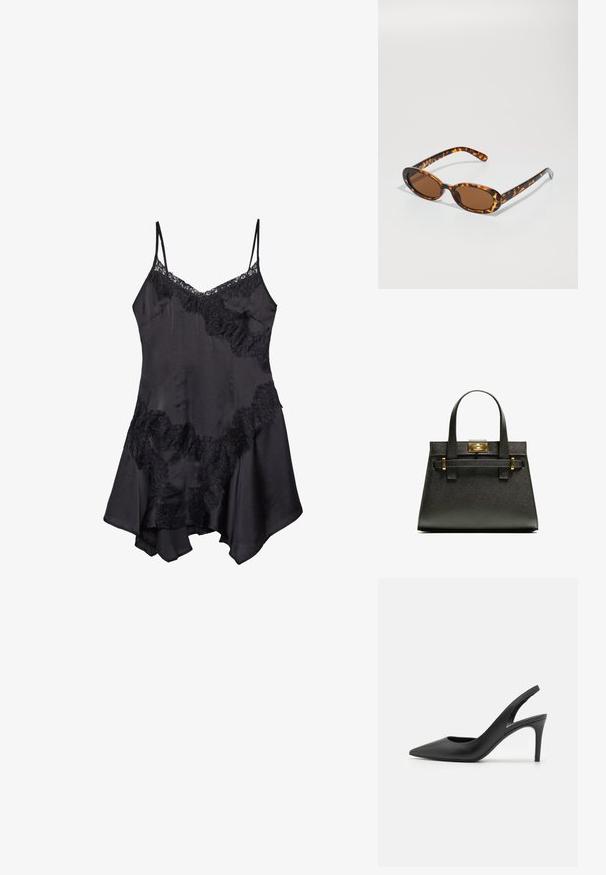Črna satenska obleka z naramnicami iz čipke, s prilagodljivimi spaghetti naramnicami in razširjenim robom, mehko teksturo in dekorativnimi volančki.; Črne usnjene slingback visokih petah s koničastim nosom, ki vključujejo izrez spredaj in tanko stilettoteko.; Želve kreme sončna očala z ovalnimi okvirji, rjavimi lečami in tankimi črnimi ročaji, ki imajo subtilne vzorčne akcentne podrobnosti.; Črna strukturirana toaletna torba z kratkimi ročaji, ki ima zlat zaklep in poudarke. Oblikovanje je strukturirano, s geometrijsko silhueto.