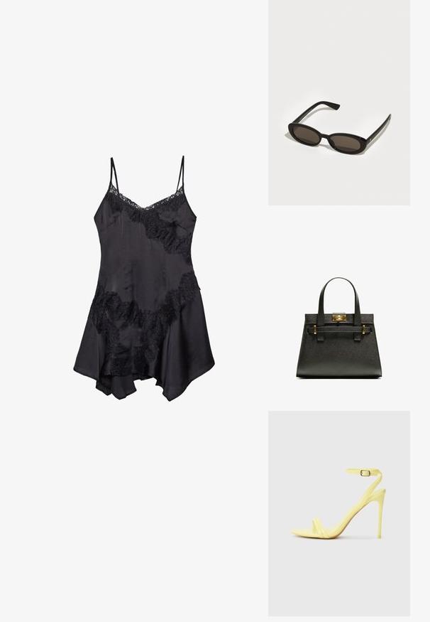 Musta satiini slip-mekko pitsireunalla, jossa on säädettävät ohuet hihnat ja liehuva helma, pehmeä materiaali ja koristeelliset röyhelöyksityiskohdat.; Keltainen lakattu nahka korkeat sandaalit, joissa on kaksi etuolkainta ja nilkkaremmissä on solki. Hoikka, kärkikorkea muotoilu.; Mustat aurinkolasit, joissa on ovaalit, puolivartiset linssit. Kiiltävät kehykset ja suorat varret. Tummennetut linssit, joissa on minimaalinen varustelu.; Musta tekstuuriline ostukott lühikeste käepidemetega, millel on kuldne lukustus ja aktsendid. Kujundus on struktureeritud koos geomeetrilise siluetiga.