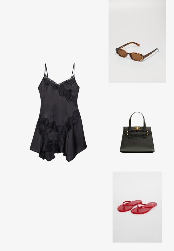 Sort satin slipkjole med blondekant, featuring justerbare spaghetti-stropper og flagrende kant, blød tekstur og dekorative rynkedetaljer.; Røde flip-flops med en glat, blank finish, tynde stropper og en flad sål. Mærkenavnet er prentet med guld på indersålen.; Skildpadde-solbriller med ovale stel, brune linser og slanke sorte arme med diskrete mønster-indsatser.; Sort tekstureret tote taske med korte håndtag, der har en guldlås og detaljer. Designet er struktureret med en geometrisk silhuet.