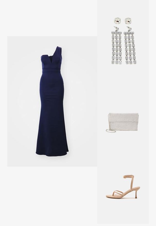 WAL G. WEDDING GIGI ONE SHOULDER MAXI - Trikotāžas kleita - navy blue; Dabas krāsas augstpapēžu sandaletes ar plānu potītes siksniņu un šauru papēdi. Izgatavotas no gludas materiāla ar minimālistisku dizainu un bez rakstiem.; Sudraba sieta pošu soma ar teksturētu, austas dizaina, kurai ir salokāms vāks un noņemama ķēdes siksna nēsāšanai.; Kristāla pilējošās auskari ar sudraba krāsas detaļām, ar kvadrātveida studu un kritušām kārtām no taisnstūru un astoņstūra kristāliem.