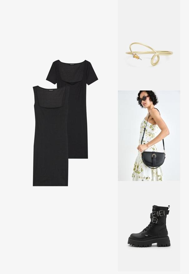 Svart bodycon-klänning med fyrkantig halsringning, korta ärmar och ribbad textur. Två variationer: ljus svart och djupare svarta nyanser visas.; Buffalo ASPEN BIKER HI - Cowboy- / Bikerstövletter - black; Svart läderhandväska med en böjd form, avtagbar rem och guldiga detaljer. Väskan har ett lock med en spänndetalj.; Guld-färgad metallarmband med ett mjukt, kurvigt mönster. Har en liten, framträdande silverfärgad accent i ena änden.