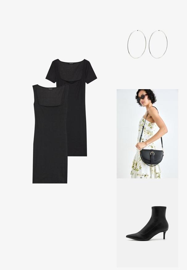 Juodas bodycon suknelė su kvadratiniu iškirpimu, trumpomis rankovėmis ir raštuota tekstūra. Dvi variantai: šviesiai juodas ir gilesnių juodų atspalvių.; Juodi kulkšniniai batai, pagaminti iš lygaus odos, su smailiu pirštu ir trumpu, plonu kulnu. Pasižymi vientisu dizainu ir subtiliais siuvinėjimo akcentais.; Juodas odinis krepšys su išlenkta forma, nuimamu dirželiu ir auksiniais detalėmis. Krepšys turi kilpą su sagtimi.; Sidabriniai auskarai-žiedai su lygiu, apvaliu dizainu ir blizgiu paviršiumi. Jie yra ploni ir lengvi, turintys paprastą užsegimą.