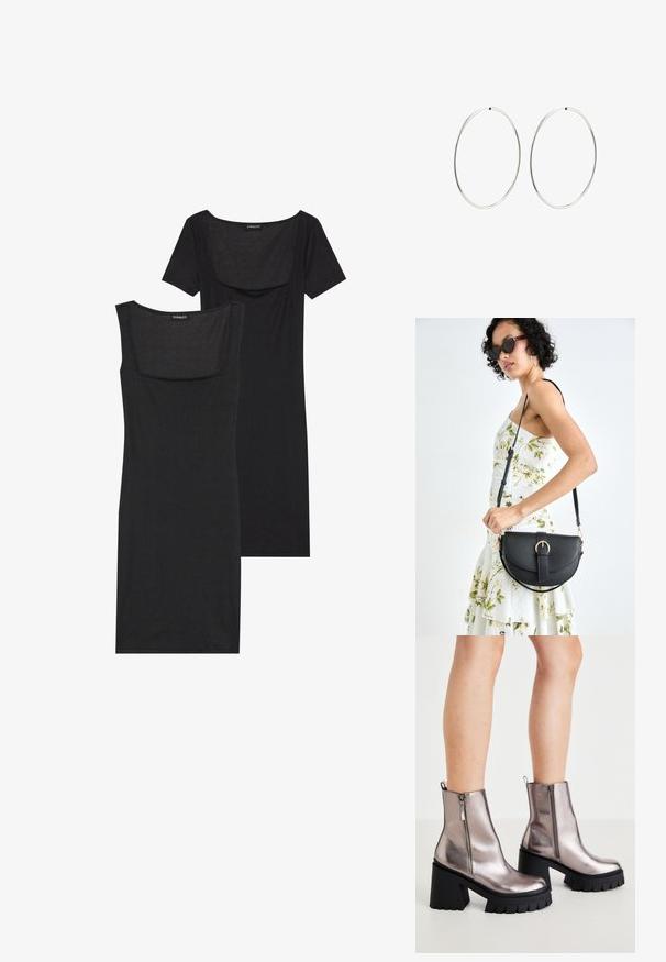 Svart bodycon-klänning med fyrkantig halsringning, korta ärmar och ribbad textur. Två variationer: ljus svart och djupare svarta nyanser visas.; Metalliska silverfärgade ankelstövlar med en kraftig svart plattformssula, sidogylft, och texturerat mönster för grepp. Slät ytfinish.; Svart läderhandväska med en böjd form, avtagbar rem och guldiga detaljer. Väskan har ett lock med en spänndetalj.; Silverfärgade hoopörhängen med en slät, rund design och en polerad yta. De är tunna och lätta, med en enkel spänne.