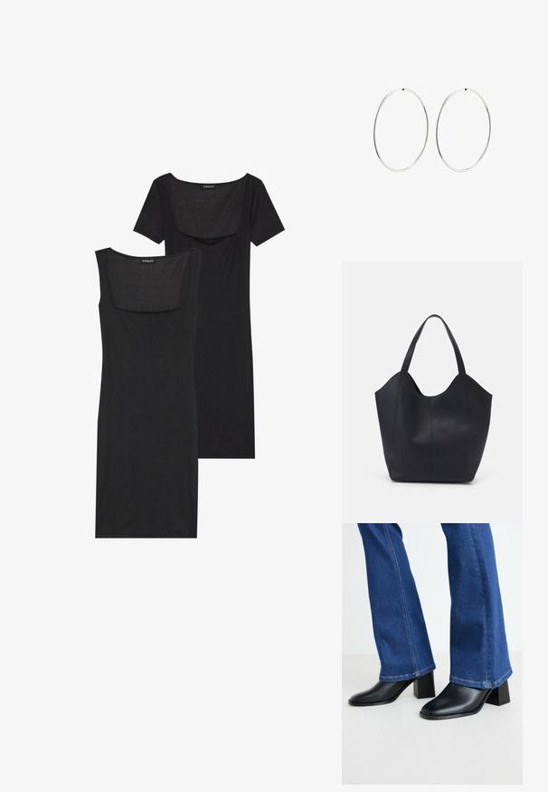 Vestido negro ajustado con escote cuadrado, mangas cortas y textura acanalada. Se muestran dos variaciones: tonos negro claro y negro más intenso.; Botines de cuero negros con punta cuadrada y tacón de bloque, combinados con pantalones de mezclilla azul acampanados con costuras en contraste en el dobladillo.; Bolso tote negro fabricado en cuero liso, con un diseño minimalista que presenta un borde superior curvado y dos asas para el hombro.; Pendientes de aro plateados con un diseño redondo y liso, y un acabado pulido. Son delgados y ligeros, y cuentan con un sencillo cierre de gancho.