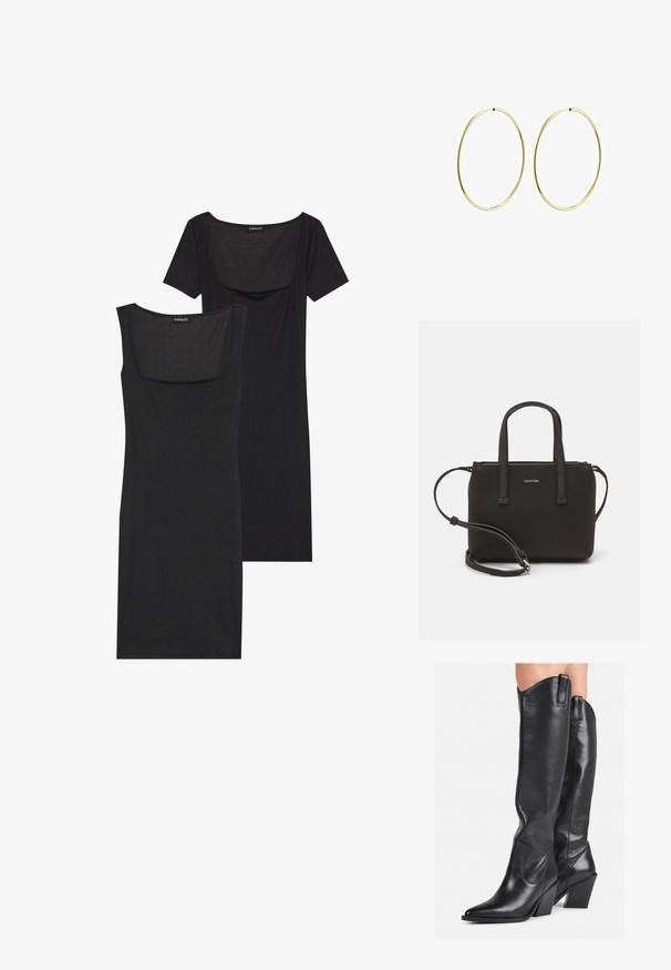 Vestido negro ajustado con escote cuadrado, mangas cortas y textura acanalada. Se muestran dos variaciones: tonos negro claro y negro más intenso.; Botas de cuero negras hasta la rodilla con puntera puntiaguda, caña curvada y tacón grueso. Presentan una textura suave y tiradores en la parte superior.; Bolso de mano negro con dos asas cortas y una correa de hombro removible. Material suave tipo cuero con cierre de cremallera y detalle del logo.; Bolso de mano negro con dos asas cortas y una correa de hombro removible. Material suave tipo cuero con cierre de cremallera y detalle del logo.; Pendientes de aro dorados con un diseño suave y redondeado. Finos y livianos, presentan un lazo continuo sin ningún tipo de adornos.