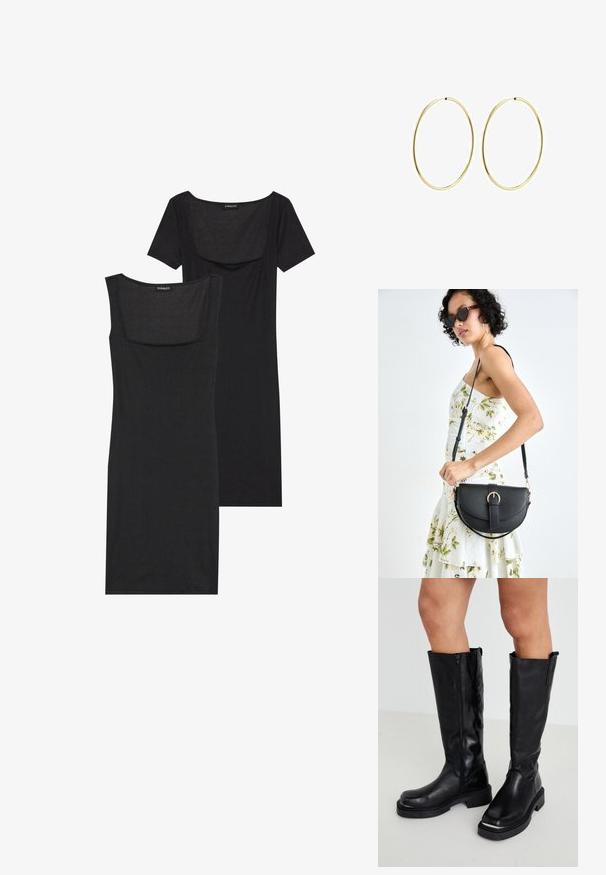 Schwarzes Bodycon-Kleid mit quadratischem Ausschnitt, kurzen Ärmeln und gerippter Textur. Zwei Varianten: in hellschwarzem und tieferem Schwarz.; Schwarze Lederstiefel bis zur Knöchel mit einem seitlichen Reißverschluss, einer robusten Gummisohle und einer strukturierten Oberfläche im minimalistischen Design.; Schwarze Lederhandtasche mit geschwungener Form, abnehmbarem Tragegurt und goldenen Beschlägen. Die Tasche verfügt über einen Deckel mit einer Schnallen-Details.; Goldene Creolen mit einem glatten, runden Design. Dünn und leicht, mit einem durchgehenden Ring ohne Verzierung.