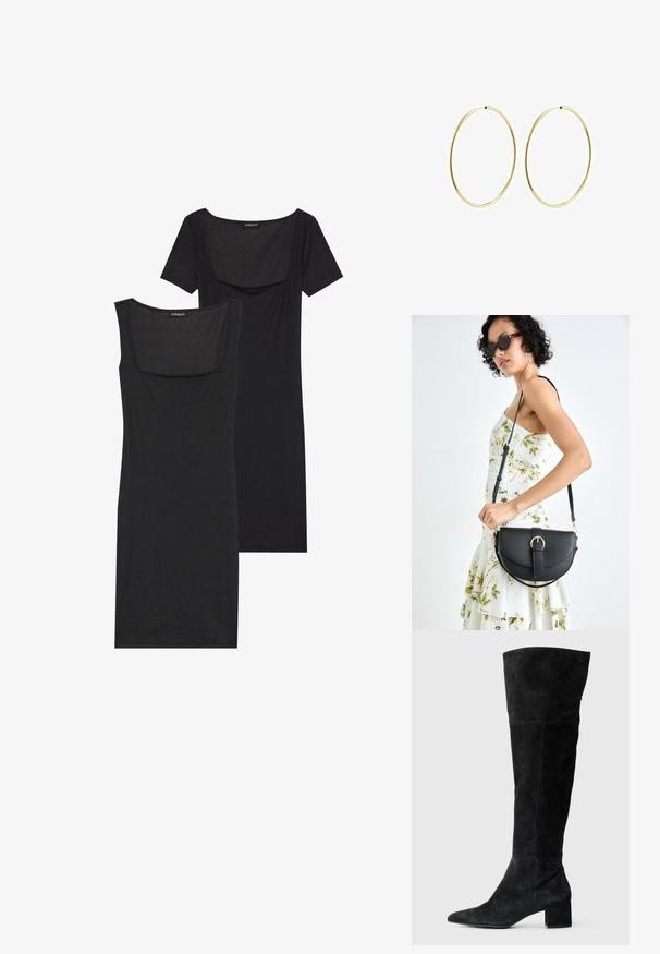 Črna obleka bodycon s kvadratnim dekoltejem, kratkimi rokavi in rebrasto teksturo. Prikazane so dve različici: svetlejša črna in temnejša črna odtenka.; Črne usnjene čizme do stegen iz semiša, z ostro konico in blok peto. Gladka tekstura z navpičnim šivom.; Črna usnjena torbica s ukrivljeno obliko, z odstranljivo naramnico in zlatimi dodatki. Torbica ima pokrov s podrobnostmi v obliki zaponke.; Zlate obroče za ušesa z gladkim, zaobljenim dizajnom. Tanki in lahki, z neprekinjenim krogom brez okrasnih elementov.