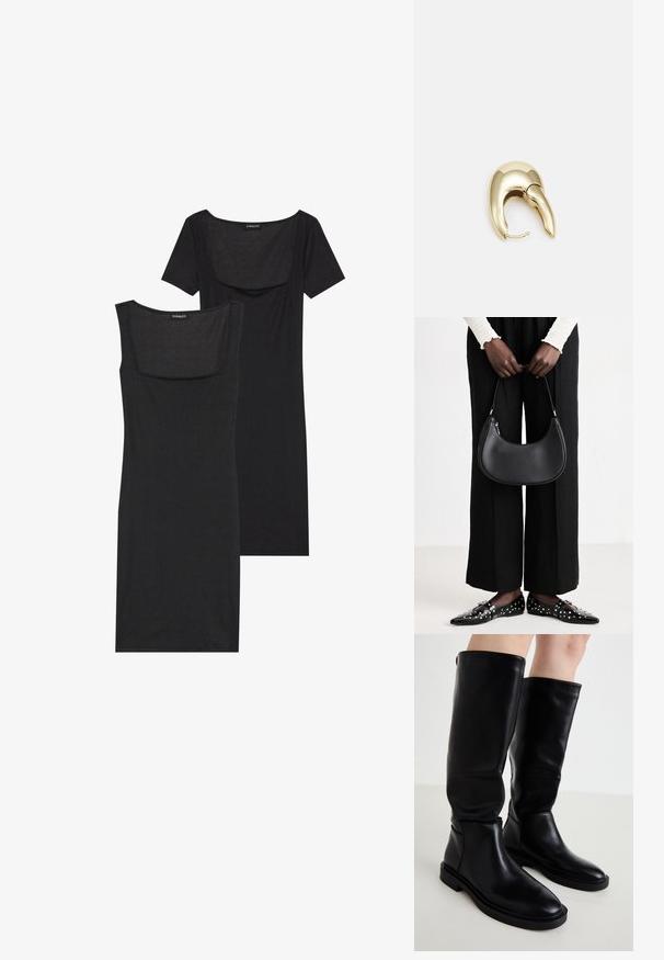 Vestido negro ajustado con escote cuadrado, mangas cortas y textura acanalada. Se muestran dos variaciones: tonos negro claro y negro más intenso.; Botas negras hasta la rodilla, hechas de cuero suave, con punta redonda, diseño minimalista y suela de goma plana. Costuras decorativas en los laterales.; Bolso de hombro de cuero negro con forma redondeada, acabado brillante y herrajes plateados. Persona vistiendo pantalones anchos negros y mocasines con tachuelas.; Pendiente de metal en tono dorado con un diseño elegante y curvado. Presenta una forma puntiaguda distintiva, superficie pulida y cierre de bisagra.