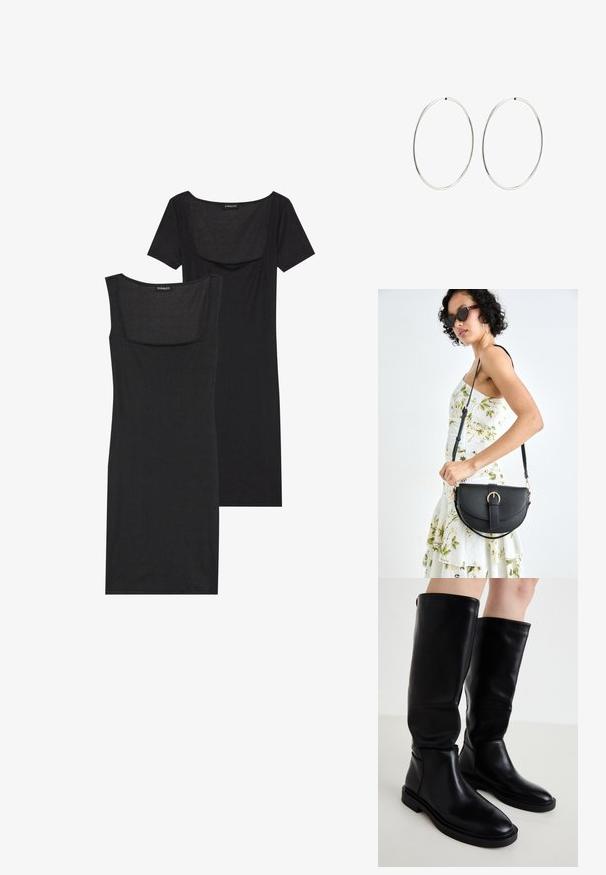 Must ülikondadega kleit ruudukujulise dekoltee, lühikeste varrukate ja ribatekstuuriga. Kaks varianti: heledama musta ja tumedama musta tooni näidatud.; Mustad kuni põlve saapad, mis on valmistatud siledast nahast, ümarate varvastega, minimalistlik disain ja tasane kummist tald. Õmbluse detailid külgedel.; Mustmust mustraha kõverate joontega, eemaldatava rihmaga ja kuldsete detailidega. Kotil on klapp, millel on pandladetail.; Hõbedased rõngaskõrvarõngad, millel on sujuv, ümmargune disain ja poleeritud viimistlus. Need on õhukesed ja kerged, omades lihtsat klambrit.